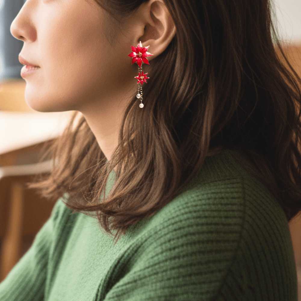 【ポインセチア】2wayイヤリング 淡水パール/クリスマス/ニッケルフリー/金属アレルギー対応/冬の新作/受注生産 | 4枚目